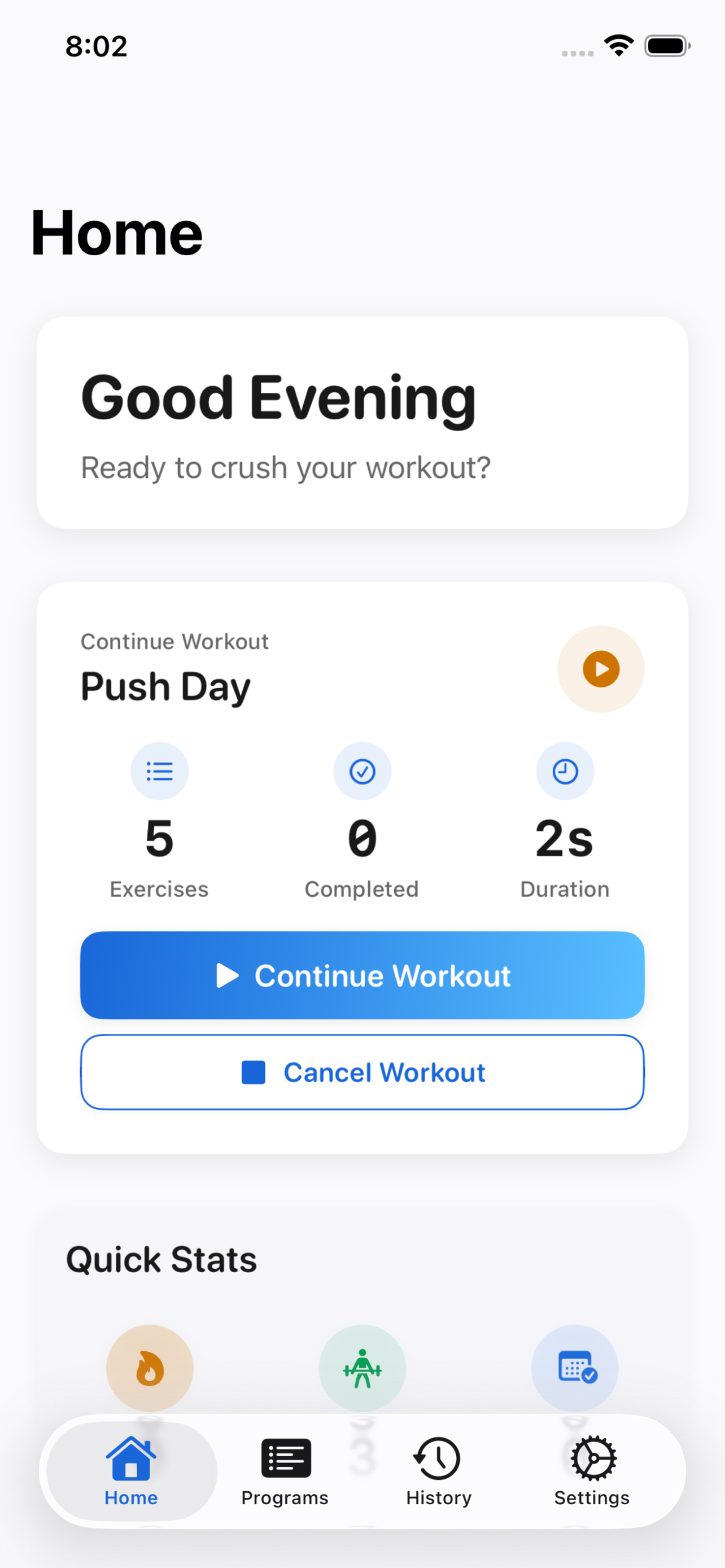 FlexLift home dashboard with workout tracking