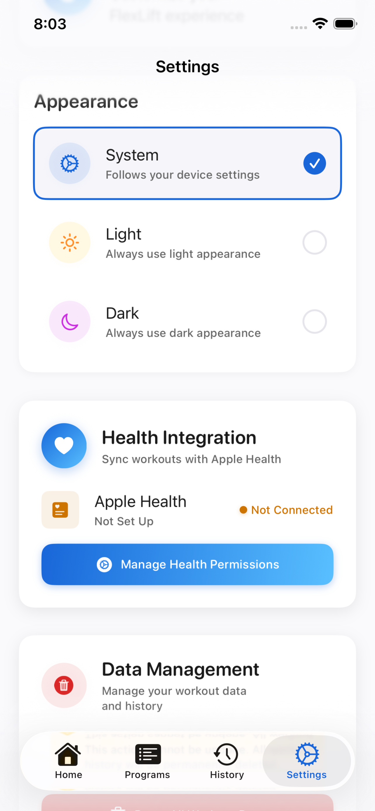 FlexLift settings and health integration